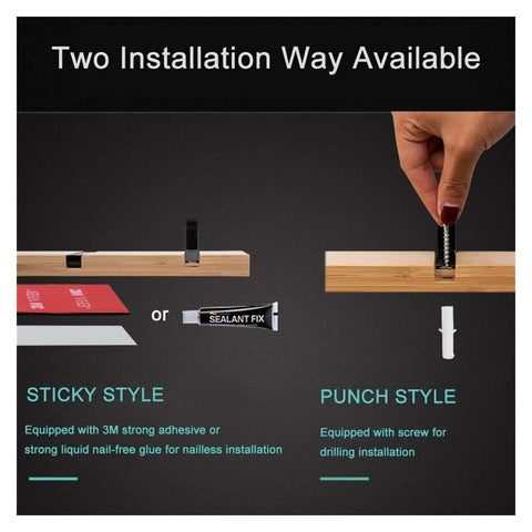 Two installation methods for Wall Mounted Nailless Folding Coat Hook Set Featuring Twin Bar Design, including sticky and punch styles.