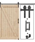 8 Foot Sliding Barn Door Hardware Track Kit With Black Wall Mount And Handle Big Industrial Spoke Wheel Pulley Smooth Quiet Glide Easy Install 96 Inch Track Fits 44 To 46 Inch Openings No Door Included, shown with components and unfinished wooden door.