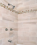 Bathroom shower with Eastport Two-Handle Tub And Shower Faucet In Satin Nickel, DIY Friendly Install visible on tiled wall.
