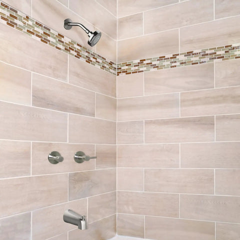 Bathroom shower with Eastport Two-Handle Tub And Shower Faucet In Satin Nickel, DIY Friendly Install visible on tiled wall.