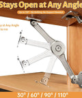 Heavy Duty Mechanical Lid Stay Hinge 110-Degree Adjustable Soft Close installed in a wooden cabinet