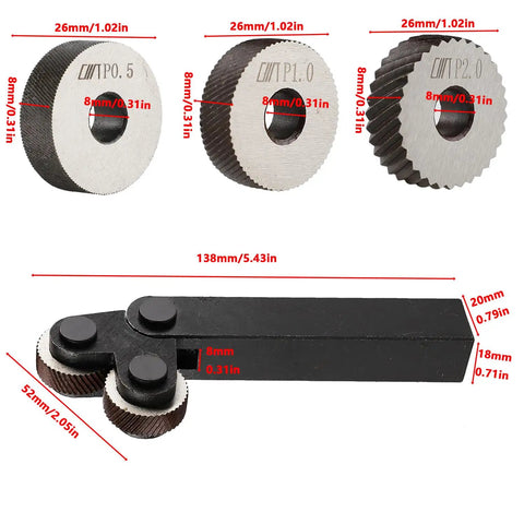 Diagonal Dual Wheel Knurling Tool Set With Interchangeable Wheels For 0.5mm, 1mm, And 2mm Knurling, shown with dimension details