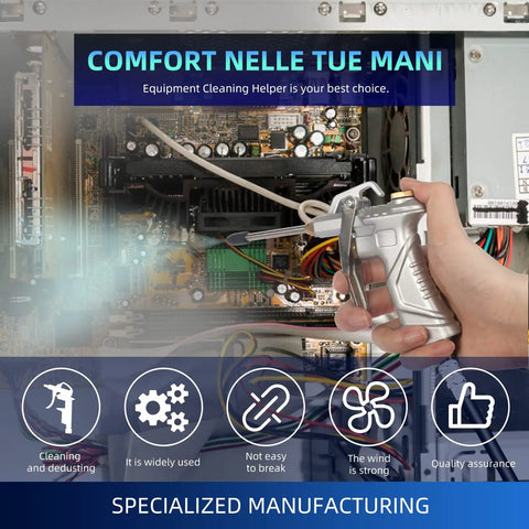 Air Blow Gun With Brass Adjustable Nozzle And Flexible Hose, Pro Grade Industrial Quality, in use cleaning electronics, Silver