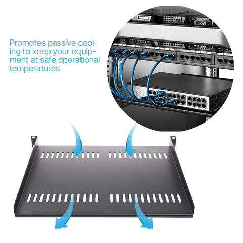 Heavy Duty 1U Server Rack Shelf With Vented Mounting Tray For 19 Inch Equipment Cabinets showing vented design promoting cooling.
