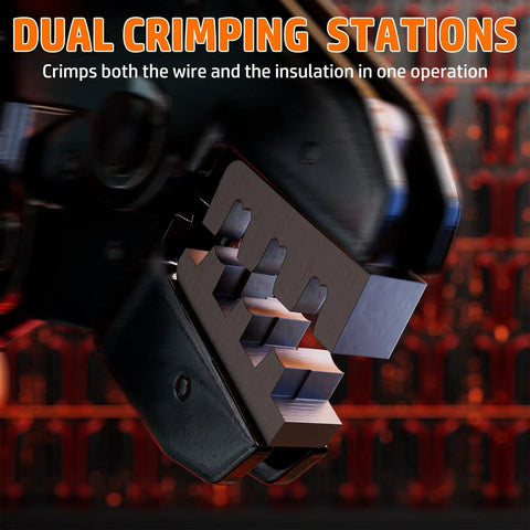 Close-up of Pro Grade Open Barrel Crimping Tool Kit with Ratcheting Crimper showing dual crimping stations for automotive wiring.