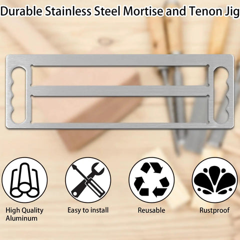 Stainless Steel Tenon Gauge Tool And Mortise Tenon Jig For Precision Woodworking Measuring At Home Carpentry And Furniture Making Featuring One Point Five And Two Inch Slots shown on wooden surface.