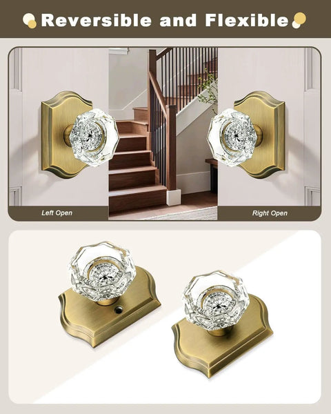 Octagonal Diamond Crystal Doorknob in Antique Brass Finish shown with reversible heavy duty zinc rosette plate