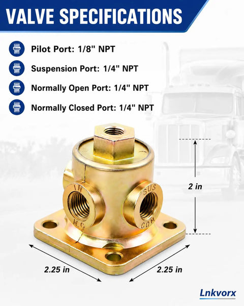 Heavy Duty 3 Way Pilot Valve For Air Ride Suspension Straight Bolt On Boss With Eighth And Quarter Npt Ports Built Damn Tough For Smoother Rig Operation And No Sweat Maintenance