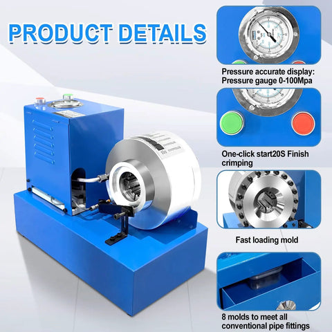 Straight Up Portable Electric Hydraulic Hose Crimper With Eight Swage Dies For Quarter Inch To One Inch Fittings close-up of pressure gauge and crimping mold.