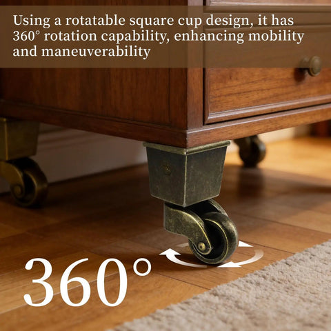 Four Pack Retro Bronze Square Base Caster Wheels With Heavy Duty Silent Ball Bearings And Ridiculously Smooth 360 Mobility So Your Furniture Rolls Like A Champ. Close-up of a bronze square caster wheel showing 360° rotation on wooden floor.