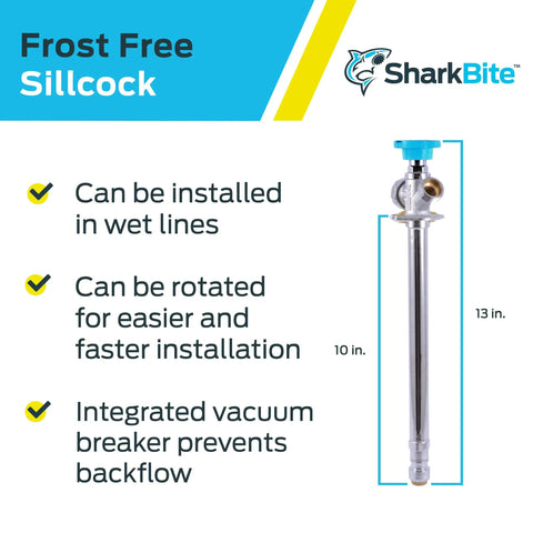10 Inch Frost Free Sillcock With Push To Connect Inlet And 3/4 Inch Garden Hose Outlet, Built In Drain Shutoff