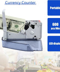 Portable Money Counter Machine Fast 600 Bills Per Minute Mini Cash Counter With Multi Currency Support shown in use at checkout.
