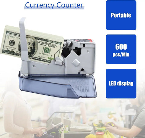 Portable Money Counter Machine Fast 600 Bills Per Minute Mini Cash Counter With Multi Currency Support shown in use at checkout.