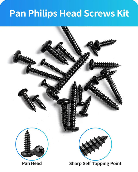 Top Tier 550 Piece Tough As Nails Black 304 Stainless Steel Wood Screw Assortment Kit with Pan Head screws on a white background.