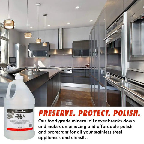 1 gallon food grade mineral oil for cutting boards, butcher blocks, tools, stainless steel surfaces; kitchen scene showing modern design