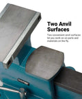 Heavy Duty Reversible Bench Vise With Dual Jaw Configurations 6.5 Inch Jaw Width And 6.7 To 10.8 Inch Jaw Opening Perfect For Handling Big And Small Workpieces In The Shop Durable Pro Grade Build For Pros And DIY Enthusiasts. Two anvil surfaces on blue cast iron vise