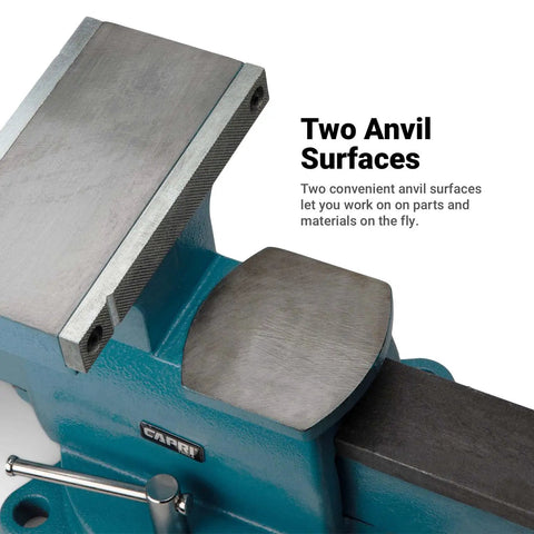 Heavy Duty Reversible Bench Vise With Dual Jaw Configurations 6.5 Inch Jaw Width And 6.7 To 10.8 Inch Jaw Opening Perfect For Handling Big And Small Workpieces In The Shop Durable Pro Grade Build For Pros And DIY Enthusiasts. Two anvil surfaces on blue cast iron vise