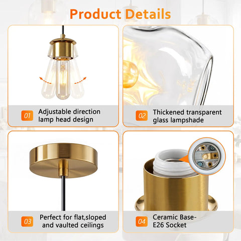Adjustable gold pendant light head design with thickened clear glass lampshade for 3 Pack Gold Pendant Lights For Kitchen Island Featuring 8.7 Inch Hand Blown Clear Art Glass Globes Setting A Smooth Luxe Vibe For Your Dining Room Or Bedroom Space Today.