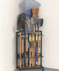 Corner Triangular Garden Tool Organizer For Long Handled Tools And Rakes Brooms Heavy Duty Steel Yard Tool Storage Rack For Garage Shed And Outdoor Use Durable All Metal Construction With Space Saving Corner Design For Tight Spots.