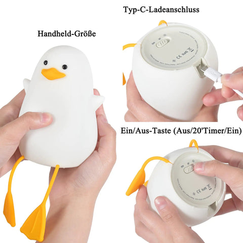 Multiple hand views of Seagull Silicone Night Light for Kids Portable Rechargeable Bedside Lamp showing size, USB charging, and controls.