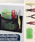 Four Pack 10 By 7 Boat Mesh Storage Bags with self adhesive backing, holding tackle tools and gloves on sailboat, tear resistant and waterproof.