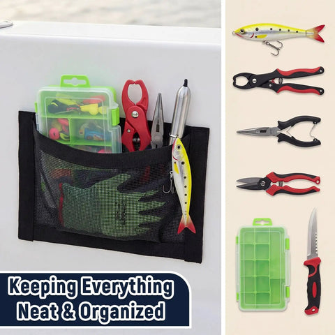 Four Pack 10 By 7 Boat Mesh Storage Bags with self adhesive backing, holding tackle tools and gloves on sailboat, tear resistant and waterproof.