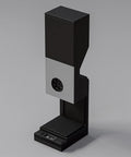 Dead Accurate Automatic Coffee Bean Dispenser With Dual Weight Presets And Smart Auto Calibration For Hassle Free Single Or Continuous Dosing 200 Gram Hopper side view black and silver design on countertop.