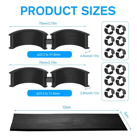 12 Piece Bicycle Handlebar Rubber Gasket Set With DIY Gasket, Anti Vibration And Anti Slip Stem Spacers shown in various sizes
