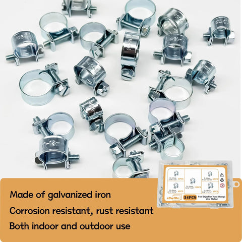 Fuel injection hose clamps set, 34 pieces, galvanized iron, sizes 8–18 mm (1/4–3/8 in)