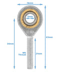 5Mm Bore M5 Male Right Hand Thread Rod End Bearing Metric Rose Joint Heim Spherical Swivel Threaded Shaft Eye Hardware For Steering Linkage Zinc Plated Steel With Bronze Insert Heavy Duty High Load Capacity, 5mm bore, 18mm head
