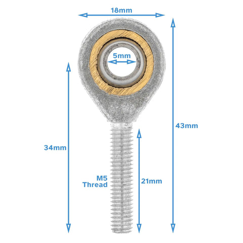 5Mm Bore M5 Male Right Hand Thread Rod End Bearing Metric Rose Joint Heim Spherical Swivel Threaded Shaft Eye Hardware For Steering Linkage Zinc Plated Steel With Bronze Insert Heavy Duty High Load Capacity, 5mm bore, 18mm head