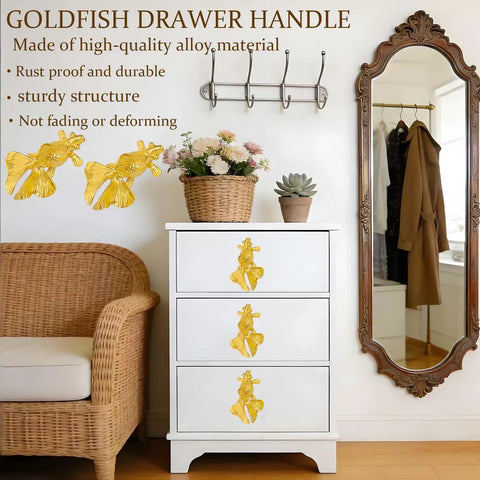 4 Pack Goldfish Cabinet Knobs With 3D Sculpted Fish Design For Cabinets And Drawers on white dresser in elegant room