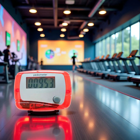 Red Portable Pedometer With Mini Digital LCD Display, All In One Step Counter For Walking And Running, Tracks Distance In Miles, Calorie Burn, Daily Target, Exercise Time, Compact And Easy To Use on gym floor
