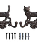 Built Tough Cast Iron Cat Wall Hooks With Double Loop Design set of two with screws, rustic brown finish for easy wall mounting.