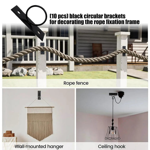 Ten Division No Fuss Quick Install Hoop Fixtures With Pre Drilled Setup Includes Screws And Temperature Controlled Quick Arrange For Flexible Cable Organization In Outdoor Spaces shown in a 10-pack black circular bracket kit for cable management along rope fences, wall hangers, and ceiling hooks.