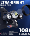 Ultra Bright USB Rechargeable Headlamp With 1080 Lumens Zoomable Beam Red Light IPX54 Rating Hands Free Light close-up view