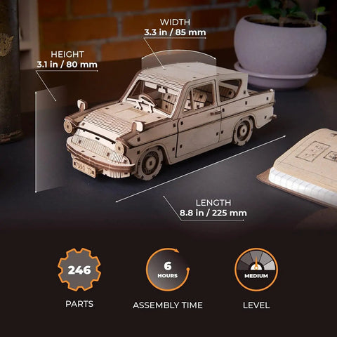 Harry Potter Flying Ford Anglia 3D Puzzle Kit For Adults With Spring Drive DIY Flying Car Model, 8.8 in wooden build
