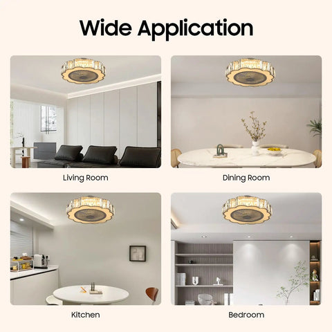 Ceiling Fan with Light 23 Inch Wireless Controller Low Noise for Bedroom shown in living room, dining room, kitchen, and bedroom settings.