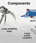 Components of Survival Grappling Hook With 32ft Rope Four Claw Foldable Stainless Steel Compact Heavy Duty Tool for Outdoor Adventures