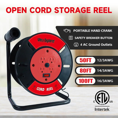 Open Cord Reel With Four Grounded Outlets, Heavy Duty Portable Hand Crank Power Cord Roller Organizer, black and red design
