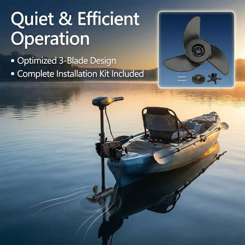 Kayak on water with 3-Blade Trolling Motor Propeller Replacement For MGA089B High Thrust Low Draft Shallow Water Prop Kit.