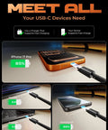 LISEN USB-C to USB-C braided cable, 5-pack, black, shown charging iPhone 17 Pro, iPad Pro, MacBook, Samsung S23