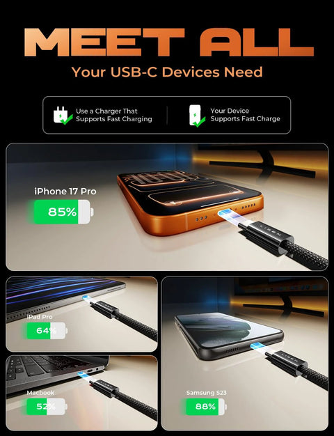 LISEN USB-C to USB-C braided cable, 5-pack, black, shown charging iPhone 17 Pro, iPad Pro, MacBook, Samsung S23