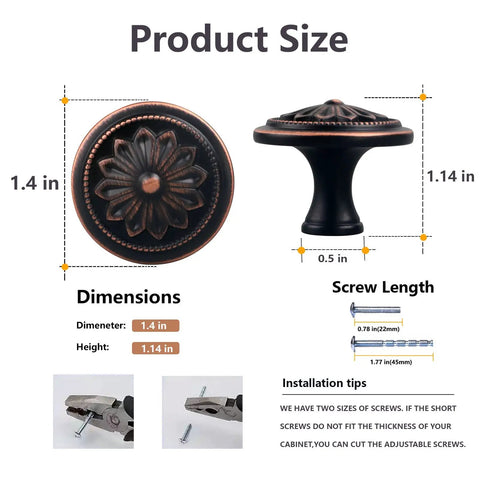 Oil Rubbed Bronze Round Cabinet Knobs 1.4 Inch Set Of 10 Rustic Floral Zinc Alloy Handles For Cabinets And Drawers Durable Easy Install Upgrade Your Kitchen Decor, dimensions and installation tips shown.