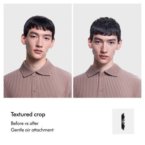 Before and after hair styling using Nural Smart Hair Dryer With No Heat Damage, highlighting textured crop and gentle air attachment.