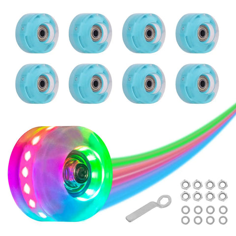Eight Pack 82A Light Up Roller Skate Wheels 54x32mm With Bearings Installed Self Powered No Battery Required Luminous Quad LED Wheels shown in teal with colorful glow, includes tool and washers, for double row skates indoor outdoor use.