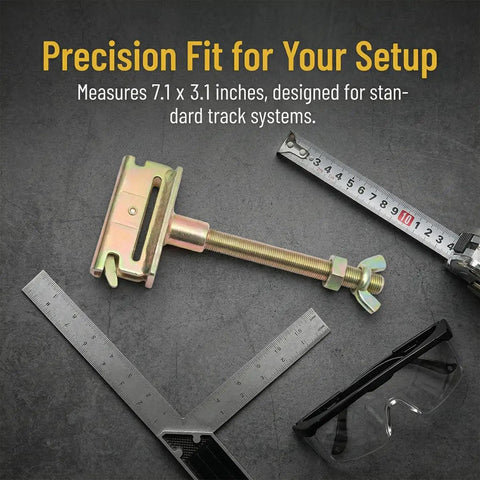 Image of the E Track Spare Tire Holder For Enclosed Trailers And Trucks Heavy Duty Wheel Carrier Bolt Hanger For Etrack Rail System next to measuring tools on a dark surface, showing dimensions.