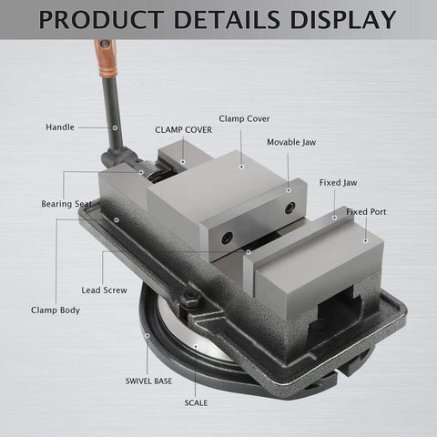 Diagram showing parts of Heavy Duty 5 Inch Vise With 360 Degree Swivel Base For CNC Milling Woodworking And Drill Press, Precision Clamps.
