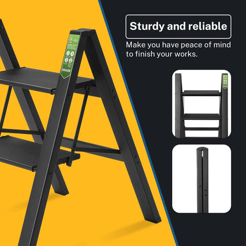Lightweight Folding Step Stool With Wide Anti Slip Pedals Aluminum 2 Step Ladder For Home Office Kitchen Use Easy Fold Portable Durable 330lb Capacity Black Everyday, close-up on ladder in front of yellow background.