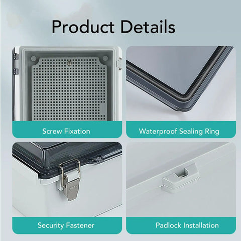 Rugged Outdoor Electrical Junction Box with IP67 ABS Enclosure, showing screw fixation, sealing ring, security fastener and padlock installation